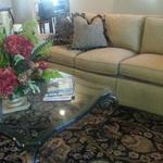 Stylish Sofa with Nailhead Trim and Glass Table